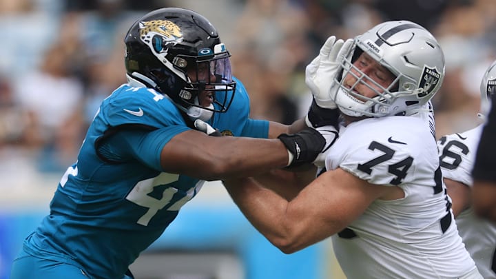Jacksonville Jaguars linebacker Travon Walker (44) pressures Las Vegas Raiders offensive tackle Kolton Miller. Jacksonville Jaguars linebacker Travon Walker (44) pressures Las Vegas Raiders offensive tackle Kolton Miller.