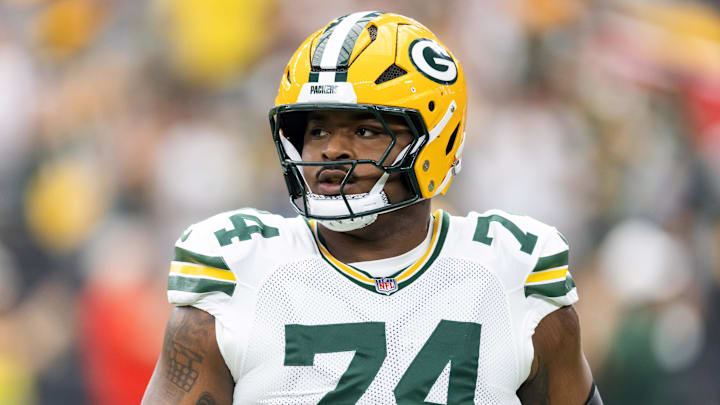 Oct 19, 2025; Glendale, Arizona, USA; Green Bay Packers center Elgton Jenkins (74) against the Arizona Cardinals at State Farm Stadium. Mandatory Credit: Mark J. Rebilas-Imagn Images