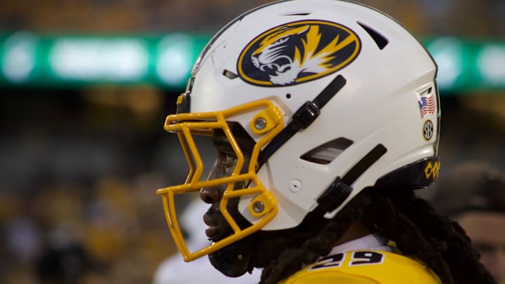 Oct 12, 2024; Columbia, Missouri USA; Missouri Tigers linebacker Khalil Jacobs (29) looks onto the field during a game against Vanderbilt at Faurot Field at Memorial Stadium.