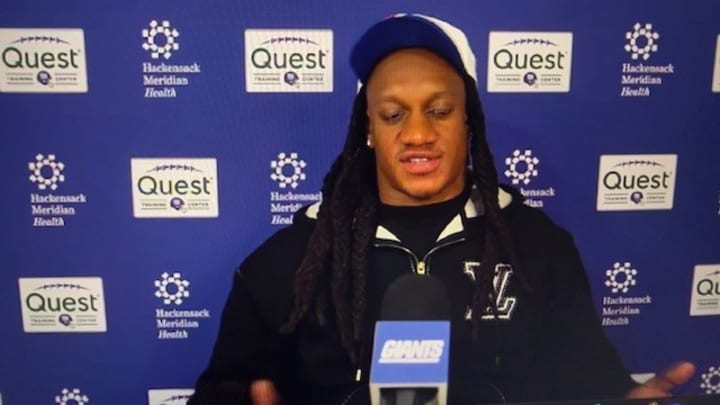 March 12: New York Giants inside linebacker Tremaine Edmunds speaks to reporters on a video call.