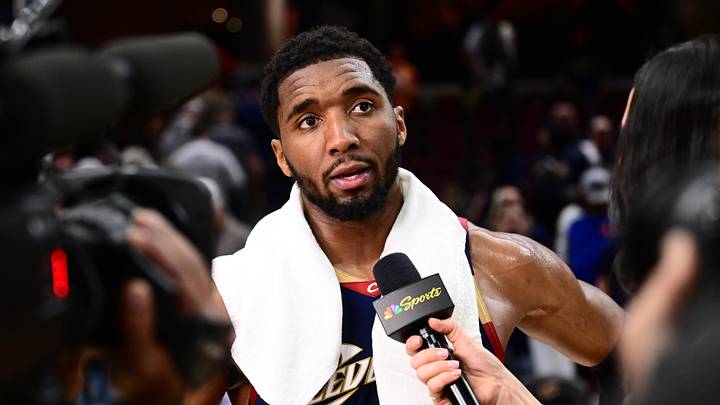May 11, 2026; Cleveland, Ohio, USA; Cleveland Cavaliers guard Donovan Mitchell (45) is interviewed after the Cavaliers game four win against the Detroit Pistons in the second round of the 2026 NBA Playoffs at Rocket Arena. Mandatory Credit: Ken Blaze-Imagn Images