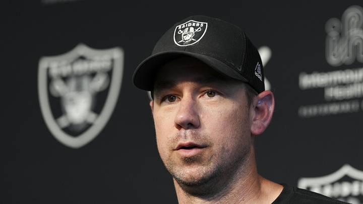 May 20, 2026; Henderson, NV, USA; Las Vegas Raiders head coach Klint Kubiak speaks during a news conference during organized team activities at Intermountain Health Performance Center. Mandatory Credit: Candice Ward-Imagn Images