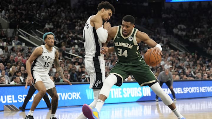 Jan 31, 2025; San Antonio, Texas, USA; Milwaukee Bucks forward Giannis Antetokounmpo (34) drives to the basket against San Antonio Spurs center Victor Wembanyama (1) during the second half at Frost Bank Center. Jan 31, 2025; San Antonio, Texas, USA; Milwaukee Bucks forward Giannis Antetokounmpo (34) drives to the basket against San Antonio Spurs center Victor Wembanyama (1) during the second half at Frost Bank Center.