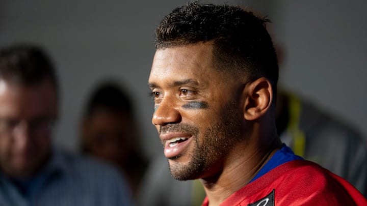 New York Giants quarterback Russell Wilson (3) speaks with members of the media during Mandatory Minicamp at Quest Diagnostics Giants Training Center in East Rutherford on Tuesday, June 17, 2025.