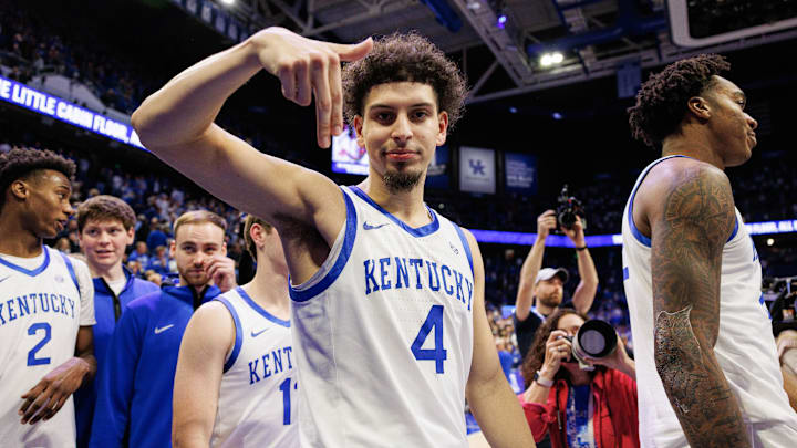 Dec 14, 2024; Lexington, Kentucky, USA; Kentucky Wildcats guard Koby Brea (4) motions to the camera after the game against the Louisville Cardinals at Rupp Arena at Central Bank Center. Mandatory Credit: Jordan Prather-Imagn Images Dec 14, 2024; Lexington, Kentucky, USA; Kentucky Wildcats guard Koby Brea (4) motions to the camera after the game against the Louisville Cardinals at Rupp Arena at Central Bank Center. Mandatory Credit: Jordan Prather-Imagn Images