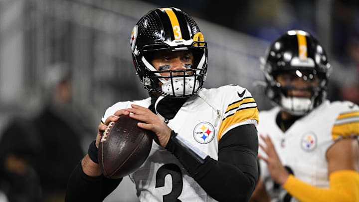 Jan 11, 2025; Baltimore, Maryland, USA; Pittsburgh Steelers quarterback Russell Wilson (3) warms up before an AFC wild card game against the Baltimore Ravens at M&T Bank Stadium. Mandatory Credit: Tommy Gilligan-Imagn Images