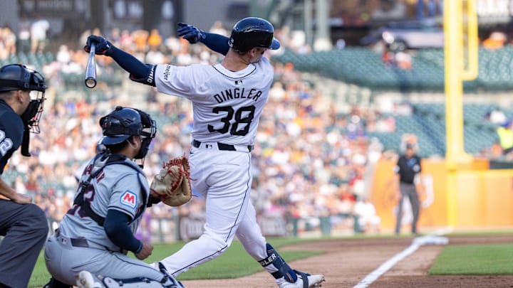 Jul 29, 2024; Detroit, Michigan, USA; Detroit Tigers catcher Dillion Dingler (38) strikes out in his first MLB at bat in the second inning against the Cleveland Guardians at Comerica Park. Jul 29, 2024; Detroit, Michigan, USA; Detroit Tigers catcher Dillion Dingler (38) strikes out in his first MLB at bat in the second inning against the Cleveland Guardians at Comerica Park.