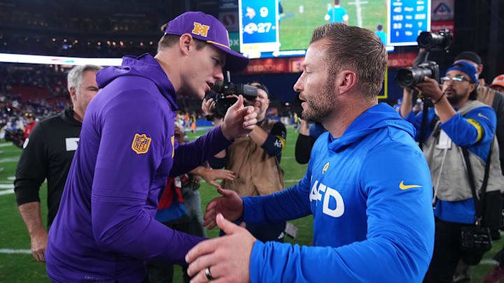 Jan 13, 2025; Glendale, AZ, USA; Minnesota Vikings head coach Kevin O'Connell and Los Angeles Rams head coach Sean McVay shake hands after the NFC wild card game at State Farm Stadium. Mandatory Credit: Joe Camporeale-Imagn Images
