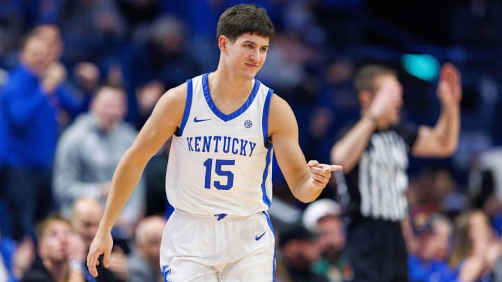 Nov 28, 2023; Lexington, Kentucky, USA; Kentucky Wildcats guard Reed Sheppard (15) reacts after making a basket during the first half against the Miami (Fl) Hurricanes at Rupp Arena at Central Bank Center. Nov 28, 2023; Lexington, Kentucky, USA; Kentucky Wildcats guard Reed Sheppard (15) reacts after making a basket during the first half against the Miami (Fl) Hurricanes at Rupp Arena at Central Bank Center.