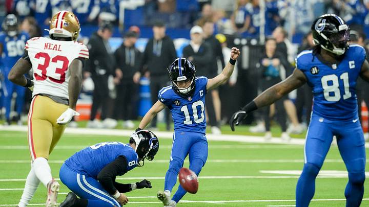 Dec 22, 2025; Indianapolis, Indiana, USA; Indianapolis Colts wide kicker Blake Grupe (10) kicks for an extra point during a game against the San Francisco 49ers at Lucas Oil Stadium. Mandatory Credit: Christine Tannous-USA TODAY Network via Imagn Images Dec 22, 2025; Indianapolis, Indiana, USA; Indianapolis Colts wide kicker Blake Grupe (10) kicks for an extra point during a game against the San Francisco 49ers at Lucas Oil Stadium. Mandatory Credit: Christine Tannous-USA TODAY Network via Imagn Images
