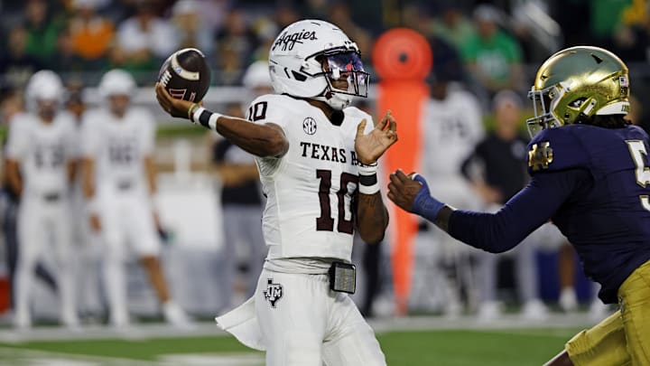 Sep 13, 2025; South Bend, Indiana, USA; Texas A&M Aggies quarterback Marcel Reed (10) looks to make a pass during the first half against the Notre Dame Fighting Irish at Notre Dame Stadium. Mandatory Credit: Michael Caterina-Imagn Images
