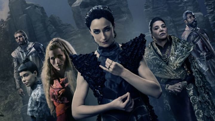 The Wheel of Time Season 3 Panorama Art: (L to R) Dain Bornhald, Moghedien, Liandrin, Lanfear, Elaida, and Padan Fain.