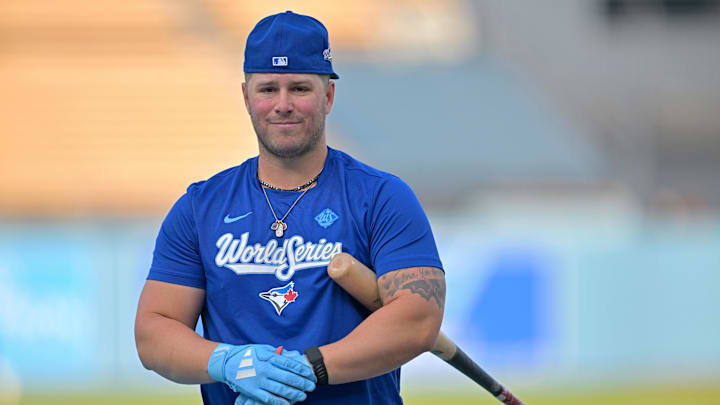 Oct 26, 2025; Los Angeles, CA, USA;  Toronto Blue Jays outfielder Ty France (2) takes batting practice during World Series workouts prior to game 3 against the Los Angeles Dodgers at Dodger Stadium. Mandatory Credit: Jayne Kamin-Oncea-Imagn Images