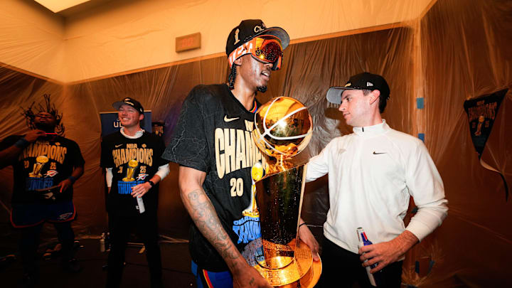 Jun 22, 2025; Oklahoma City, Oklahoma, USA; Oklahoma City Thunder forward Jalen Williams (8) celebrates after winning game seven of the 2025 NBA Finals against the Indiana Pacers at Paycom Center. Mandatory Credit: Kyle Terada-Imagn Images Jun 22, 2025; Oklahoma City, Oklahoma, USA; Oklahoma City Thunder forward Jalen Williams (8) celebrates after winning game seven of the 2025 NBA Finals against the Indiana Pacers at Paycom Center. Mandatory Credit: Kyle Terada-Imagn Images