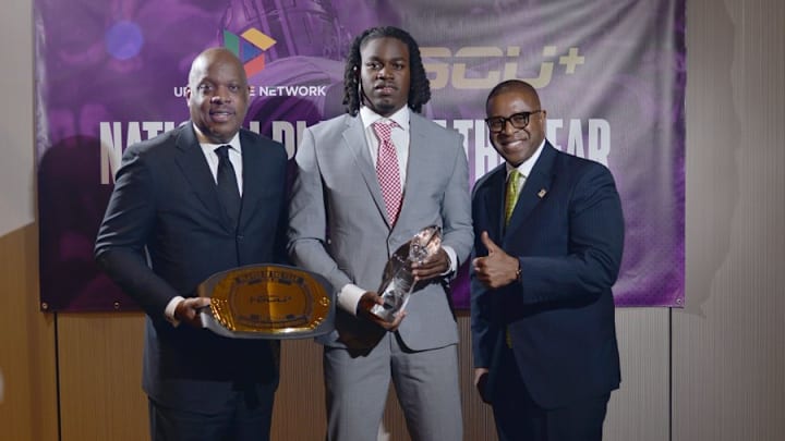 Hardy Pelt (UEN, CRO), Eric Phoenix (HBCU+ National Player of the Year), and Todd Brown (UEN, CEO) were at the 2024 Stats Perform FCS National Awards Banquet.