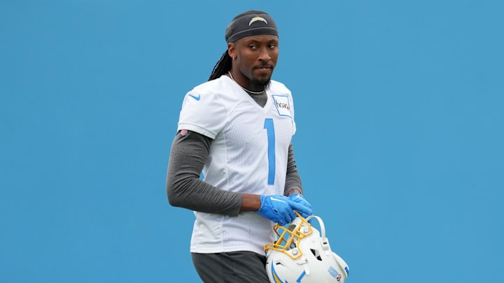 Jun 13, 2023; Costa Mesa, CA, USA; Los Angeles Chargers receiver Quentin Johnston (1) during