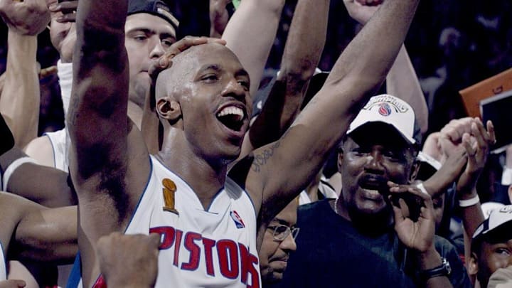 June 15, 2004; Auburn Hills, MI; Detroit Pistons guard and NBA Finals MVP Chauncey Billups celebrates the 100-87 victory over the Lakers to win the NBA championship in Game 5 on June 15, 2004 at the Palace. Mandatory Credit: Julian H. Gonzalez/Detroit Free Press-USA TODAY NETWORK 