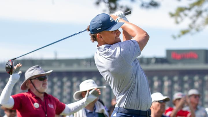 Patrick Mahomes II swings during the final round of the American Century Celebrity Championship golf tournament at Edgewood Tahoe Golf Course in Stateline, Nev., Sunday, July 16, 2023. Patrick Mahomes II swings during the final round of the American Century Celebrity Championship golf tournament at Edgewood Tahoe Golf Course in Stateline, Nev., Sunday, July 16, 2023.