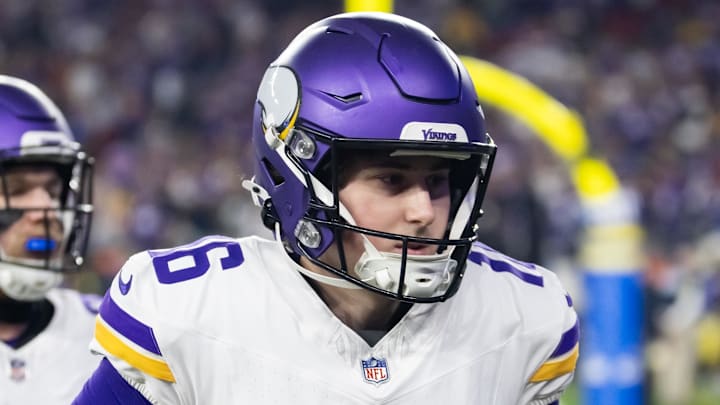 Jan 13, 2025; Glendale, AZ, USA; Minnesota Vikings kicker Will Reichard (16) against the Los Angeles Rams during an NFC wild card game at State Farm Stadium. Mandatory Credit: Mark J. Rebilas-Imagn Images