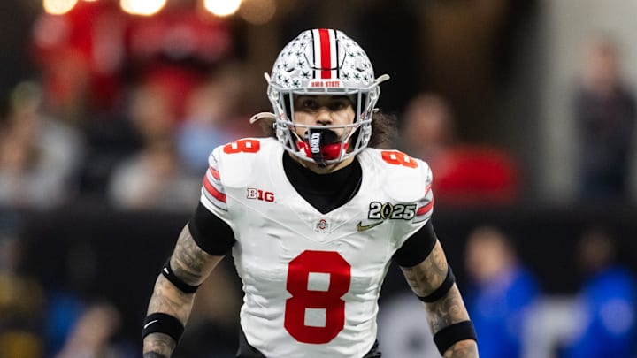 Jan 20, 2025; Atlanta, GA, USA; Ohio State Buckeyes safety Lathan Ransom (8) against the Notre Dame Fighting Irish during the CFP National Championship college football game at Mercedes-Benz Stadium. Mandatory Credit: Mark J. Rebilas-Imagn Images Jan 20, 2025; Atlanta, GA, USA; Ohio State Buckeyes safety Lathan Ransom (8) against the Notre Dame Fighting Irish during the CFP National Championship college football game at Mercedes-Benz Stadium. Mandatory Credit: Mark J. Rebilas-Imagn Images