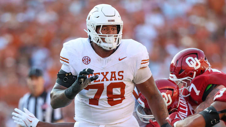 Oct 12, 2024; Dallas, Texas, USA;  Texas Longhorns offensive lineman Kelvin Banks Jr. (78) in action during the game against the Oklahoma Sooners at the Cotton Bowl. Mandatory Credit: Kevin Jairaj-Imagn Images
