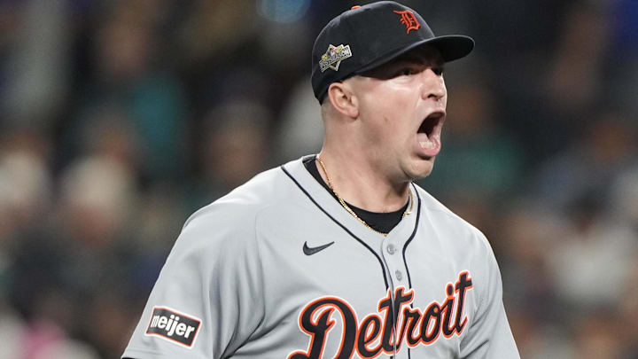 Oct 10, 2025; Seattle, Washington, USA; Detroit Tigers starting pitcher Tarik Skubal (29) reacts after striking out Seattle Mariners catcher Cal Raleigh (not pictured) during the sixth inning during game five of the ALDS round for the 2025 MLB playoffs at T-Mobile Park Oct 10, 2025; Seattle, Washington, USA; Detroit Tigers starting pitcher Tarik Skubal (29) reacts after striking out Seattle Mariners catcher Cal Raleigh (not pictured) during the sixth inning during game five of the ALDS round for the 2025 MLB playoffs at T-Mobile Park