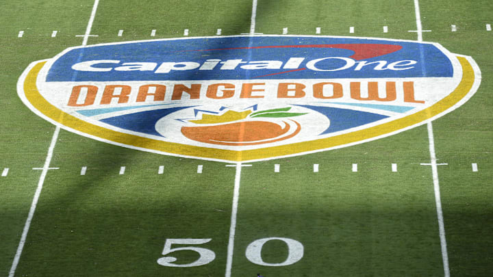 The Capital One Orange Bowl logo at mid field 