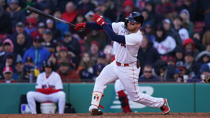 Apr 2, 2023; Boston, Massachusetts, USA; Boston Red Sox right fielder Alex Verdugo (99) gets a hit to drive in a run against th eBaltimore Orioles in the eighth inning at Fenway Park. Mandatory Credit: David Butler II-Imagn Images Apr 2, 2023; Boston, Massachusetts, USA; Boston Red Sox right fielder Alex Verdugo (99) gets a hit to drive in a run against th eBaltimore Orioles in the eighth inning at Fenway Park. Mandatory Credit: David Butler II-Imagn Images