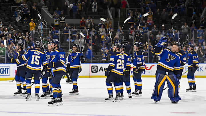 Apr 12, 2023; St. Louis, Missouri, USA; St. Louis Blues salute their fans after their final home game of the season at Enterprise Center. The Blues lost to the Dallas Stars Mandatory Credit: Jeff Curry-Imagn Images Apr 12, 2023; St. Louis, Missouri, USA; St. Louis Blues salute their fans after their final home game of the season at Enterprise Center. The Blues lost to the Dallas Stars Mandatory Credit: Jeff Curry-Imagn Images