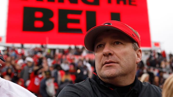 Georgia coach Kirby Smart looks back into Sanford Stadium after winning an NCAA college football game between Georgia and Georgia Tech in Athens Ga., Saturday, Nov. 24, 2018. [Photo/Joshua L. Jones, Athens Banner-Herald]