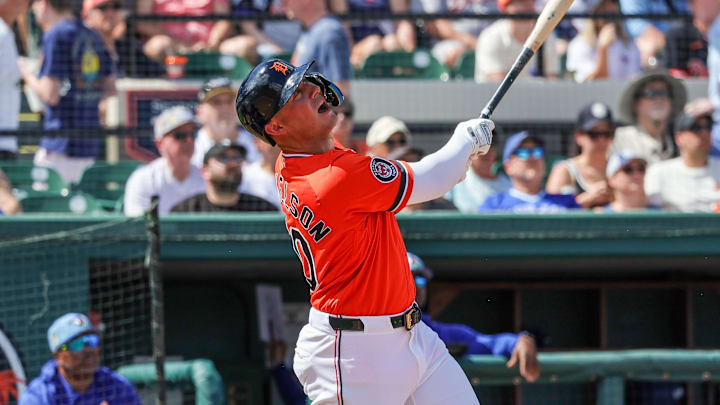 Mar 1, 2026; Lakeland, Florida, USA; Detroit Tigers first baseman Spencer Torkelson (20) watches a fly ball during the second inning against the Toronto Blue Jays at Publix Field at Joker Marchant Stadium. Mandatory Credit: Mike Watters-Imagn Images