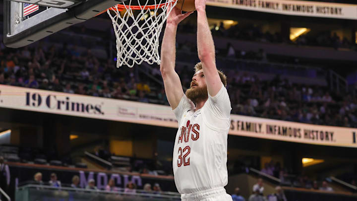 Apr 6, 2023; Orlando, Apr 6, 2023; Orlando, Florida, USA; Cleveland Cavaliers forward Dean Wade (32) dunks the ball during the second quarter against the Orlando Magic at Amway Center. Mandatory Credit: Mike Watters-USA TODAY Sports, USA; Cleveland Cavaliers forward Dean Wade (32) dunks the ball during