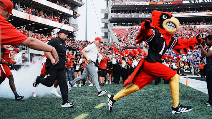 Louisville Cardinals football team takes to the field to take on James Madison University Friday September 5, 2025 at L&N Credit Union Stadium in Louisville, Kentucky. Louisville Cardinals football team takes to the field to take on James Madison University Friday September 5, 2025 at L&N Credit Union Stadium in Louisville, Kentucky.