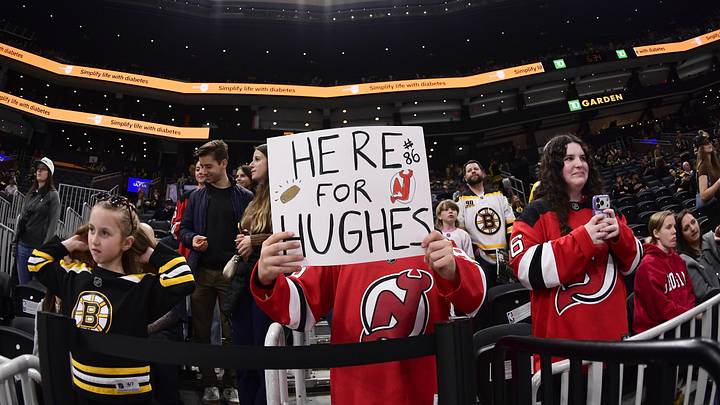 Apr 14, 2026; Boston, Massachusetts, USA; A young fan holds a sign prior to a game between the Boston Bruins and New Jersey Devils at TD Garden. Mandatory Credit: Bob DeChiara-Imagn Images