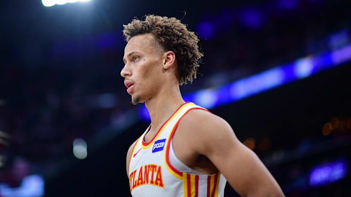 Nov 10, 2025; Inglewood, California, USA; Atlanta Hawks guard Dyson Daniels (5) against the Los Angeles Clippers during the second half at Intuit Dome. Mandatory Credit: Gary A. Vasquez-Imagn Images