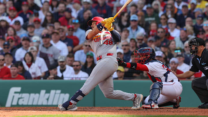 Apr 4, 2025; Boston, Massachusetts, USA; St. Louis Cardinals catcher Ivan Herrera (48) hits a three run home run during the fourth inning against the Boston Red Sox at Fenway Park. Mandatory Credit: Paul Rutherford-Imagn Images Apr 4, 2025; Boston, Massachusetts, USA; St. Louis Cardinals catcher Ivan Herrera (48) hits a three run home run during the fourth inning against the Boston Red Sox at Fenway Park. Mandatory Credit: Paul Rutherford-Imagn Images
