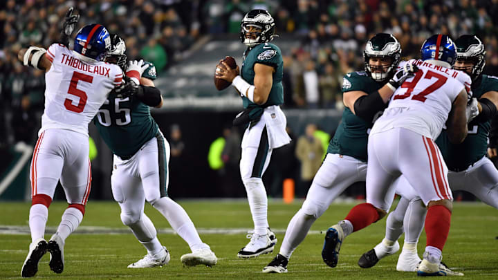 Jan 21, 2023; Philadelphia, Pennsylvania, USA; Philadelphia Eagles quarterback Jalen Hurts (1) looks