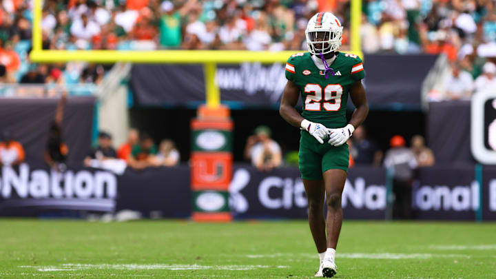 Nov 2, 2024; Miami Gardens, Florida, USA; Miami Hurricanes defensive back OJ Frederique Jr. (29) plays his position against the Duke Blue Devils during the fourth quarter at Hard Rock Stadium. Mandatory Credit: Sam Navarro-Imagn Images