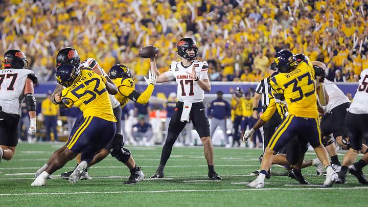Sep 26, 2026; Morgantown, West Virginia, USA;  Oklahoma State Cowboys quarterback Drew Mestemaker (17) throws a pass during the fourth quarter against the West Virginia Mountaineers at Milan Puskar Stadium.  Mandatory Credit: Ben Queen-Imagn Images