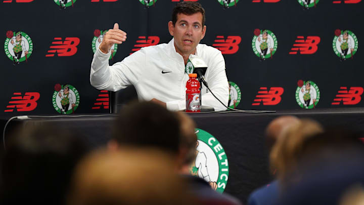 Boston Celtics general manager Brad Stevens talks to reporters during media day at Auerbach Center.