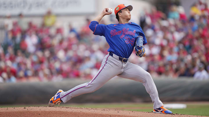 Mar 7, 2026; Jupiter, Florida, USA;  New York Mets pitcher Kodai Senga (34) pitches in the first inning against the St. Louis Cardinals at Roger Dean Chevrolet Stadium. Mandatory Credit: Jim Rassol-Imagn Images