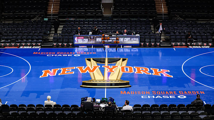 Nov 28, 2025; New York, New York, USA; A general view of the floor for the NBA Cup game before the game between the New York Knicks and the Milwaukee Bucks at Madison Square Garden. Mandatory Credit: Vincent Carchietta-Imagn Images Nov 28, 2025; New York, New York, USA; A general view of the floor for the NBA Cup game before the game between the New York Knicks and the Milwaukee Bucks at Madison Square Garden. Mandatory Credit: Vincent Carchietta-Imagn Images
