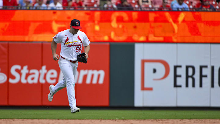 Sep 22, 2024; St. Louis, Missouri, USA;  St. Louis Cardinals relief pitcher Ryan Helsley (56) enters the game against the Cleveland Guardians during the ninth inning at Busch Stadium. Mandatory Credit: Jeff Curry-Imagn Images