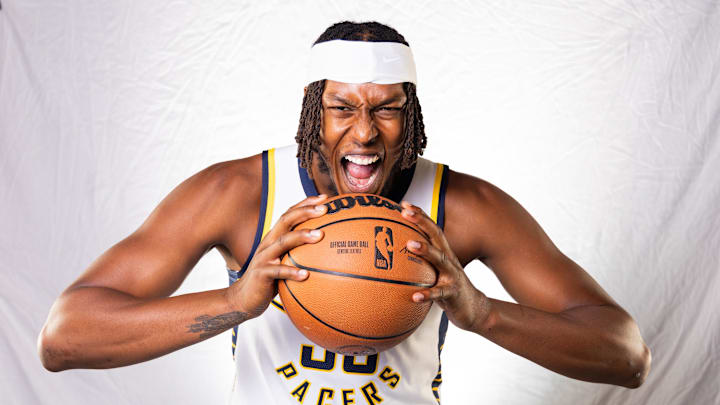 Sep 30, 2024; Indianapolis, IN, USA;  Indiana Pacers center Myles Turner (33) poses for a photo during 2024 Media day.  Mandatory Credit: Trevor Ruszkowski-Imagn Images