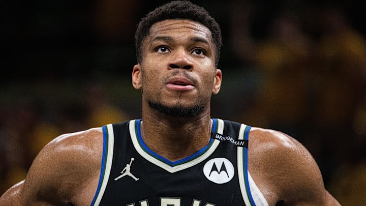 Apr 29, 2025; Indianapolis, Indiana, USA; Milwaukee Bucks forward Giannis Antetokounmpo (34) during game five of the first round for the 2024 NBA Playoffs against the Indiana Pacers at Gainbridge Fieldhouse. Mandatory Credit: Trevor Ruszkowski-Imagn Images