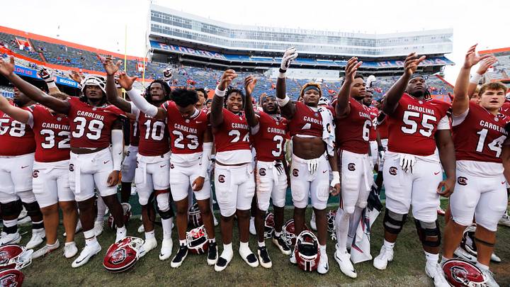 Oct 10, 2026; Gainesville, Florida, USA;  South Carolina Gamecocks players gesture towards fans after a game against the Florida Gators at Ben Hill Griffin Stadium.  Mandatory Credit: Matt Pendleton-Imagn Images