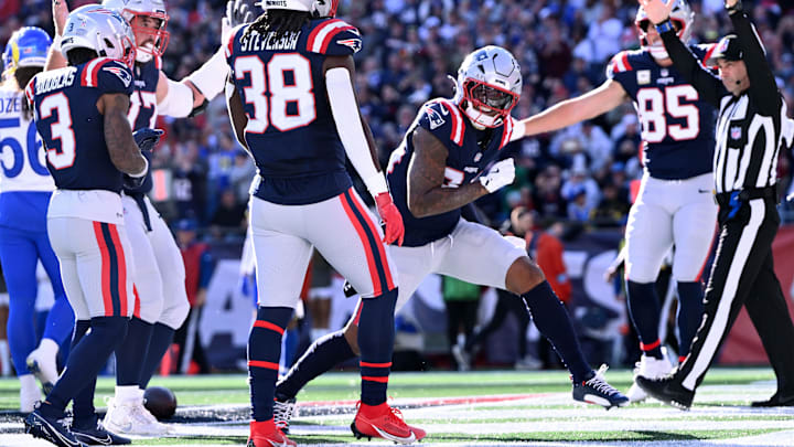 Nov 17, 2024; Foxborough, Massachusetts, USA; New England Patriots wide receiver Kendrick Bourne (84) celebrates after scoring a touchdown against the Los Angeles Rams during the first half at Gillette Stadium. Mandatory Credit: Brian Fluharty-Imagn Images
