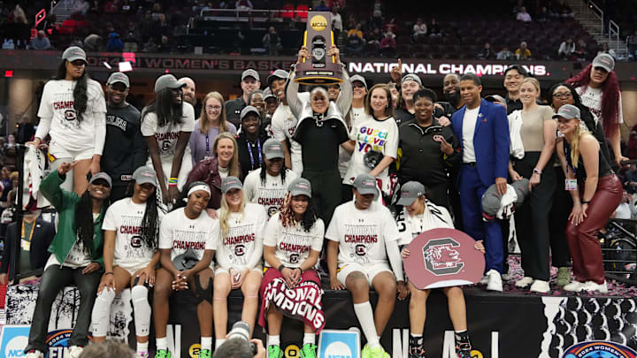 South Carolina basketball coach Dawn Staley and her team celebrating their most recent championship