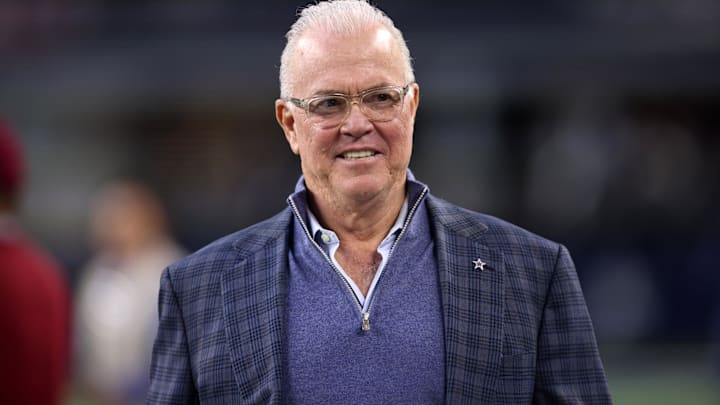 Dallas Cowboys CEO Stephen Jones walks on the field before the game against the Tampa Bay Buccaneers at AT&T Stadium.