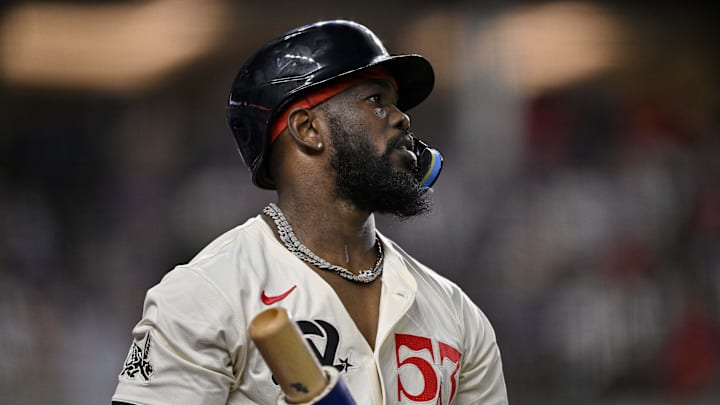 Jul 25, 2025; Arlington, Texas, USA; Texas Rangers right fielder Adolis García (53) during the game between the Texas Rangers and the Atlanta Braves at Globe Life Field. Mandatory Credit: Jerome Miron-Imagn Images Jul 25, 2025; Arlington, Texas, USA; Texas Rangers right fielder Adolis García (53) during the game between the Texas Rangers and the Atlanta Braves at Globe Life Field. Mandatory Credit: Jerome Miron-Imagn Images